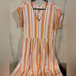 LOFT (Lou Grey) 100% Linen Striped V-Neck Midi Dress in Pink, Orange & Cream